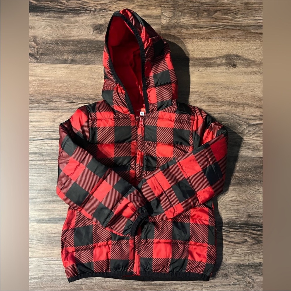 Kids Red and Black Checkered Puffer Jacket 5T